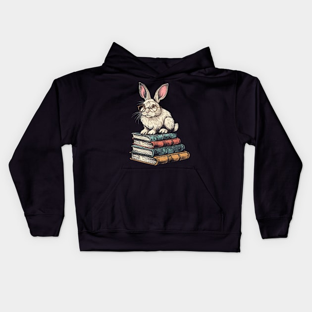 Vintage Rabbit Reading Bunny With Glasses Happy Easter Kids Hoodie by RetroZin